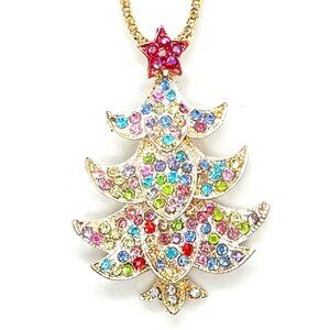 Colorful White Christmas TREE Pendant Necklace & BROOCH